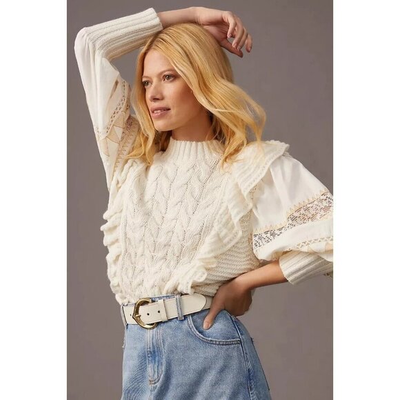 Anthropologie Cable Knit Ivory Ruffle Puff Sleeve Lace Sweater Size XS NWT BOHO - Picture 2 of 6